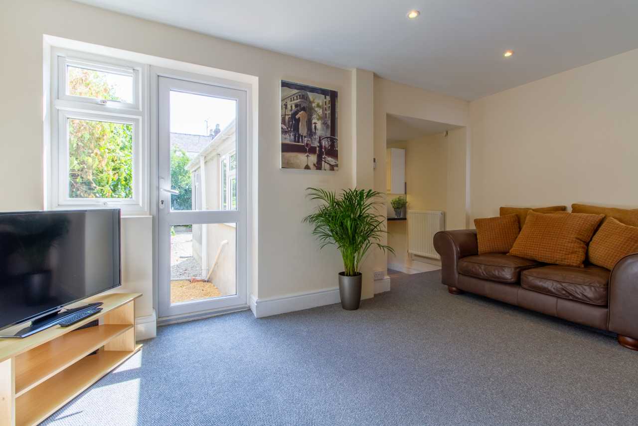 Living room with a television, sofa, coffee table, windows, glass door and potted plant.