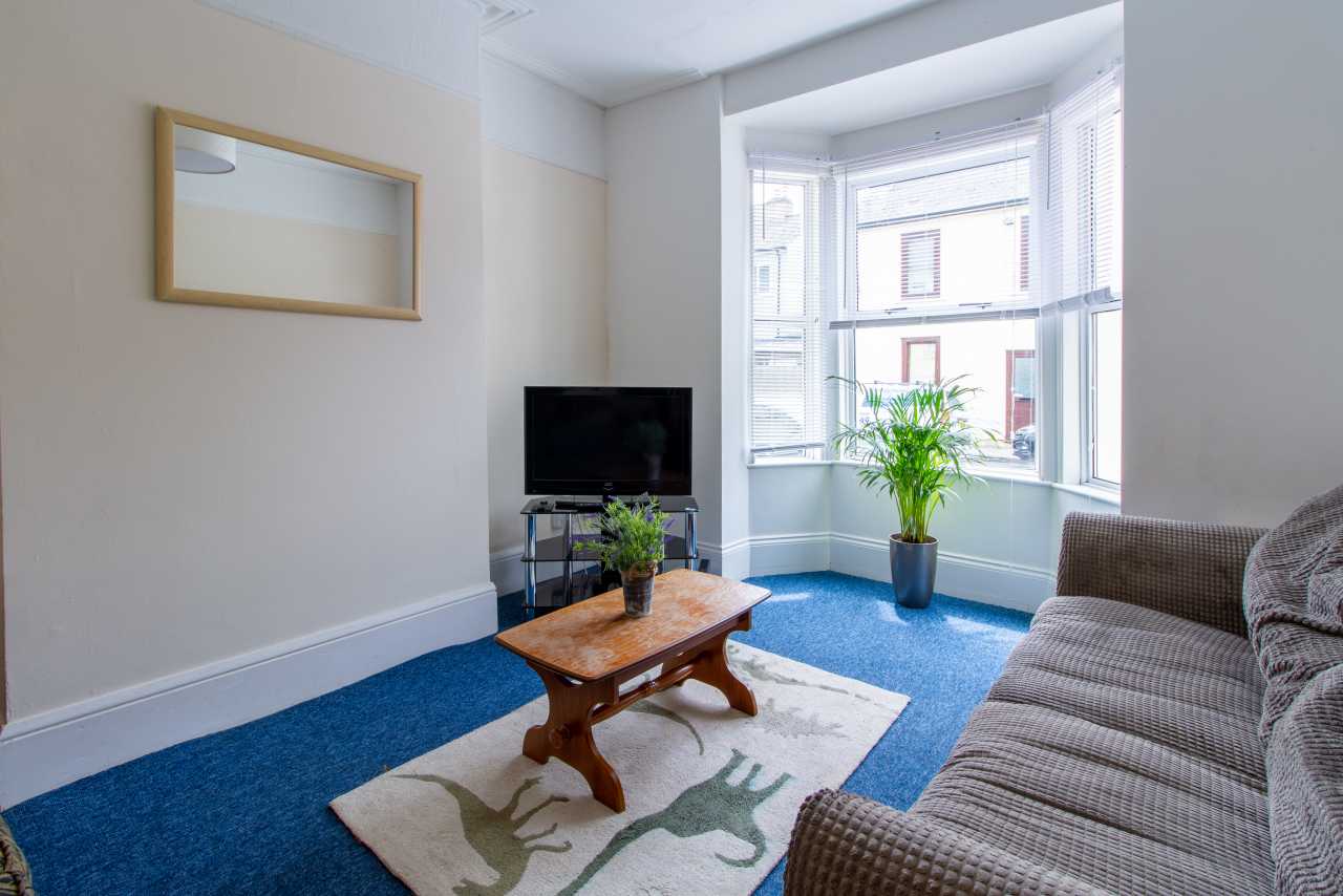 Furnished living room with blue carpet, patterned sofa, coffee table, television and a bay window with plants.
