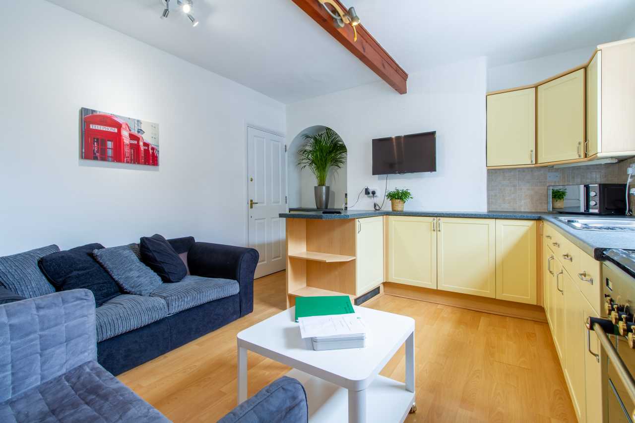 Open-plan living room and kitchen with sofas, coffee table, cabinets, appliances and a wall-mounted television.
