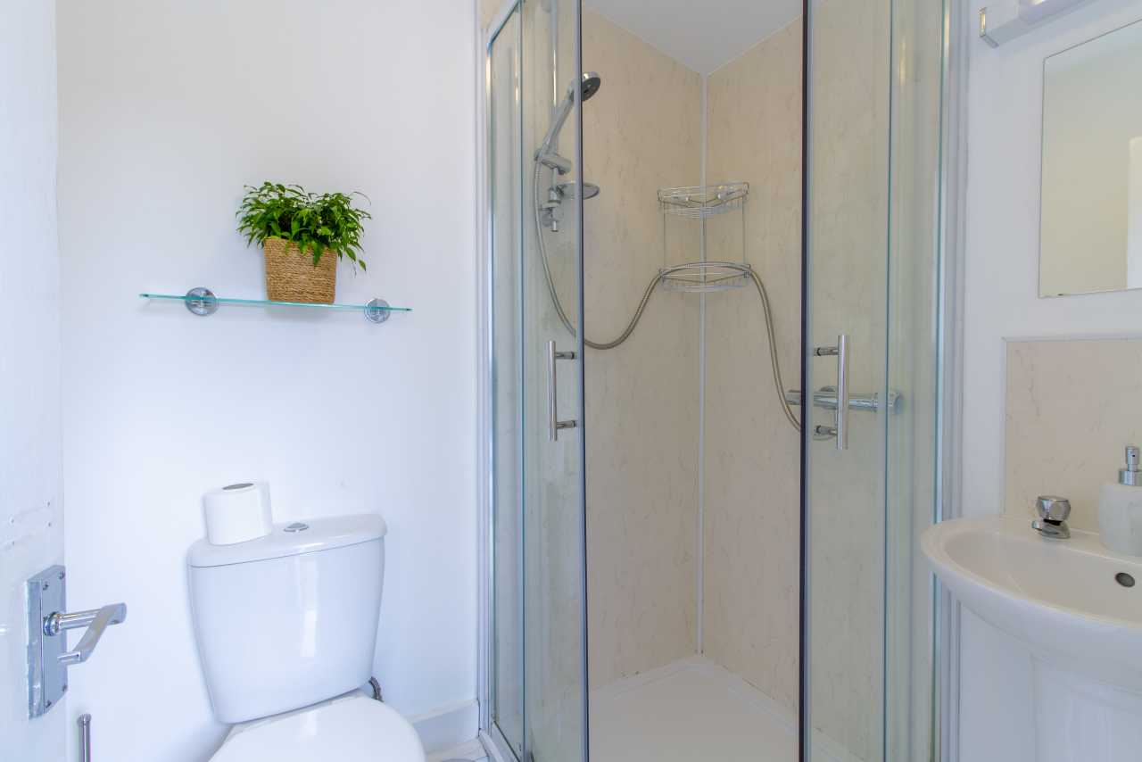 A bright bathroom with a glass shower enclosure, toilet, sink, wall shelf and potted plant.