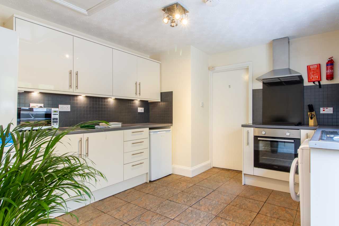 A bright fitted kitchen with white cabinets, tiled flooring, an oven and hob, and a large plant.
