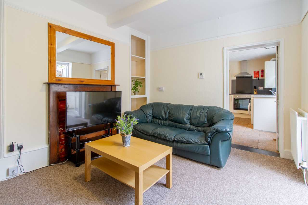 Living room with a sofa, television, coffee table, fireplace and doorway to a kitchen.