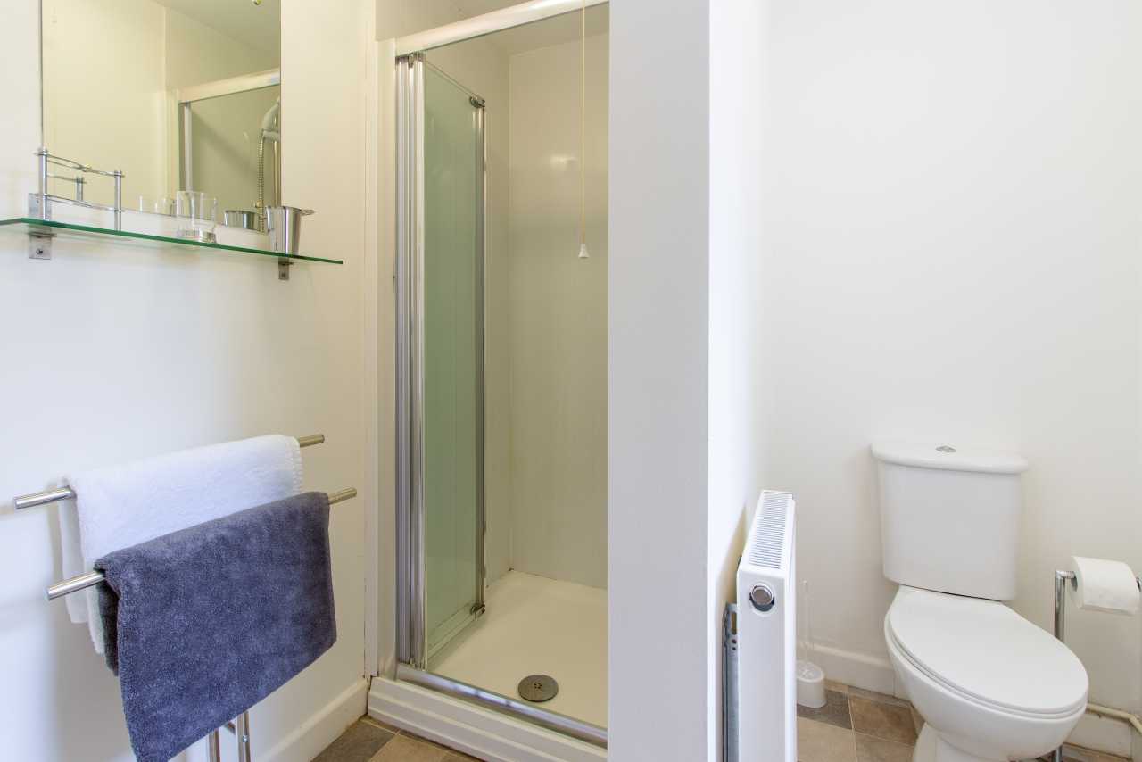 A bright bathroom with a glass shower enclosure, toilet, towel rail, wall shelf and tiled floor.