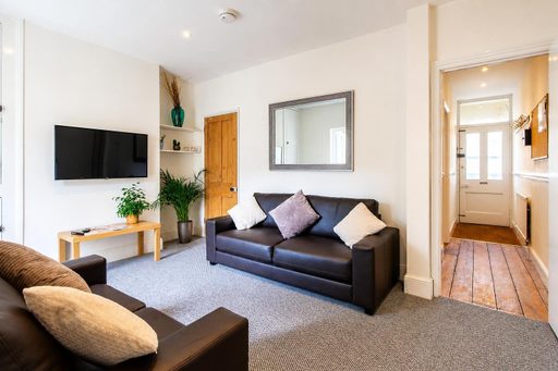 Living room with two sofas, a wall-mounted television, a rug, plants and a doorway leading to a hallway.