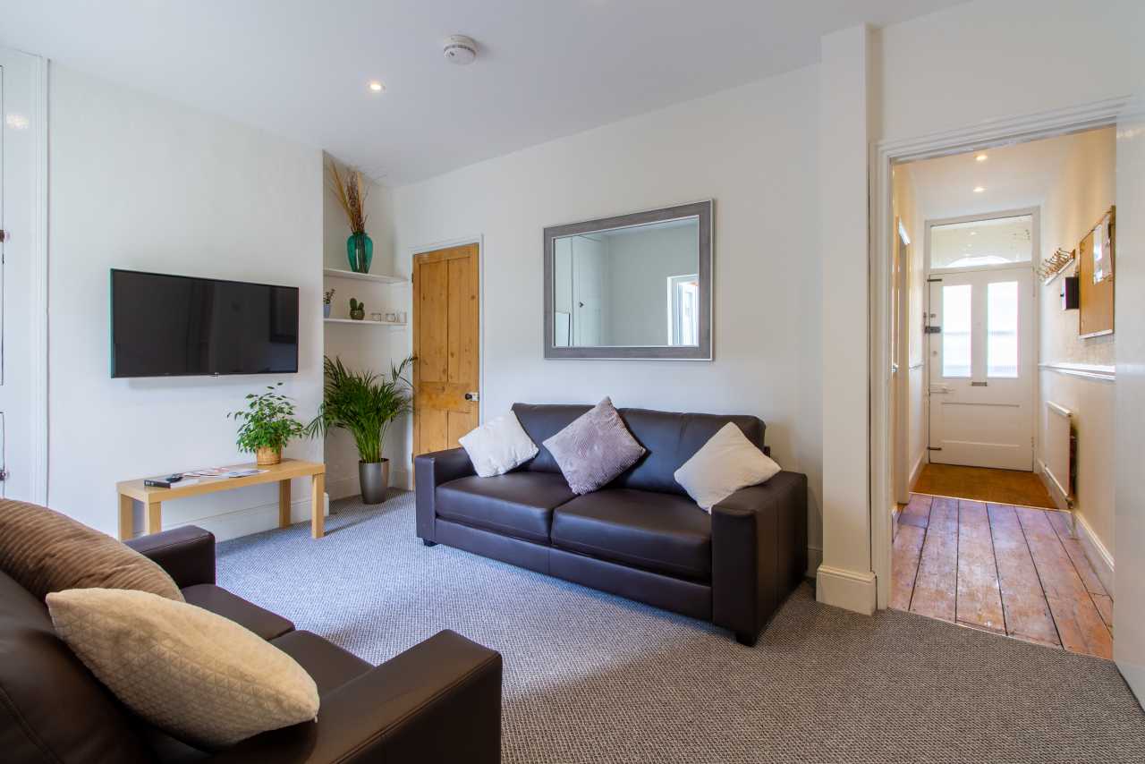 Living room with two sofas, a wall-mounted television, a rug, plants and a doorway leading to a hallway.