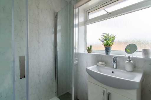 A bright bathroom with a glass shower enclosure, white sink cabinet, frosted window, and potted plants.