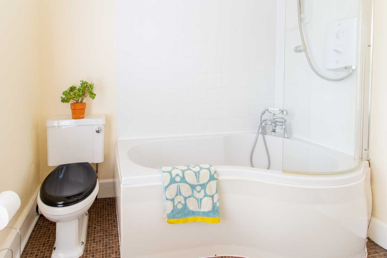 A bathroom with a toilet, bathtub, shower, tiled walls, and a small potted plant.