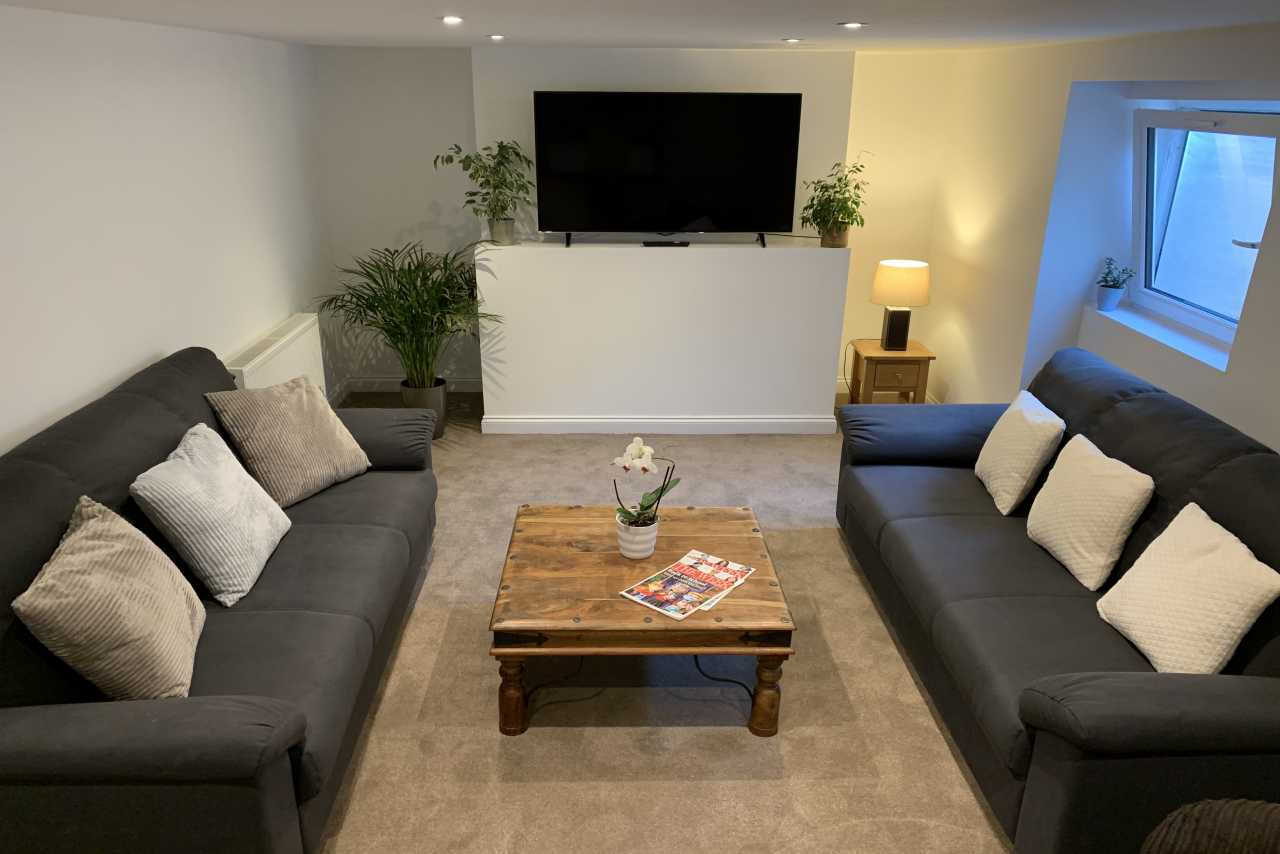 Living room with two sofas, a coffee table, television and plants.