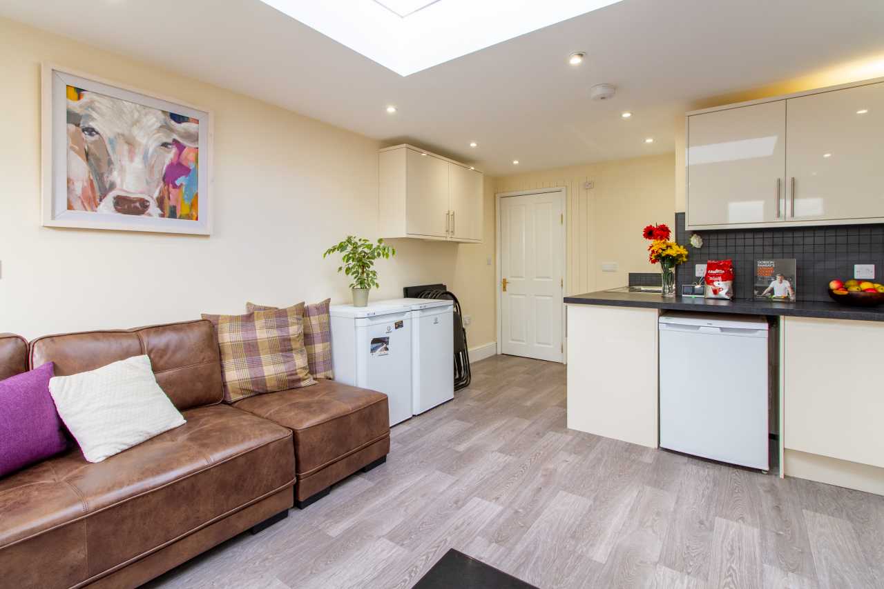 Open-plan kitchen and living area with a brown sofa, white cabinets, appliances, skylight and wall art.