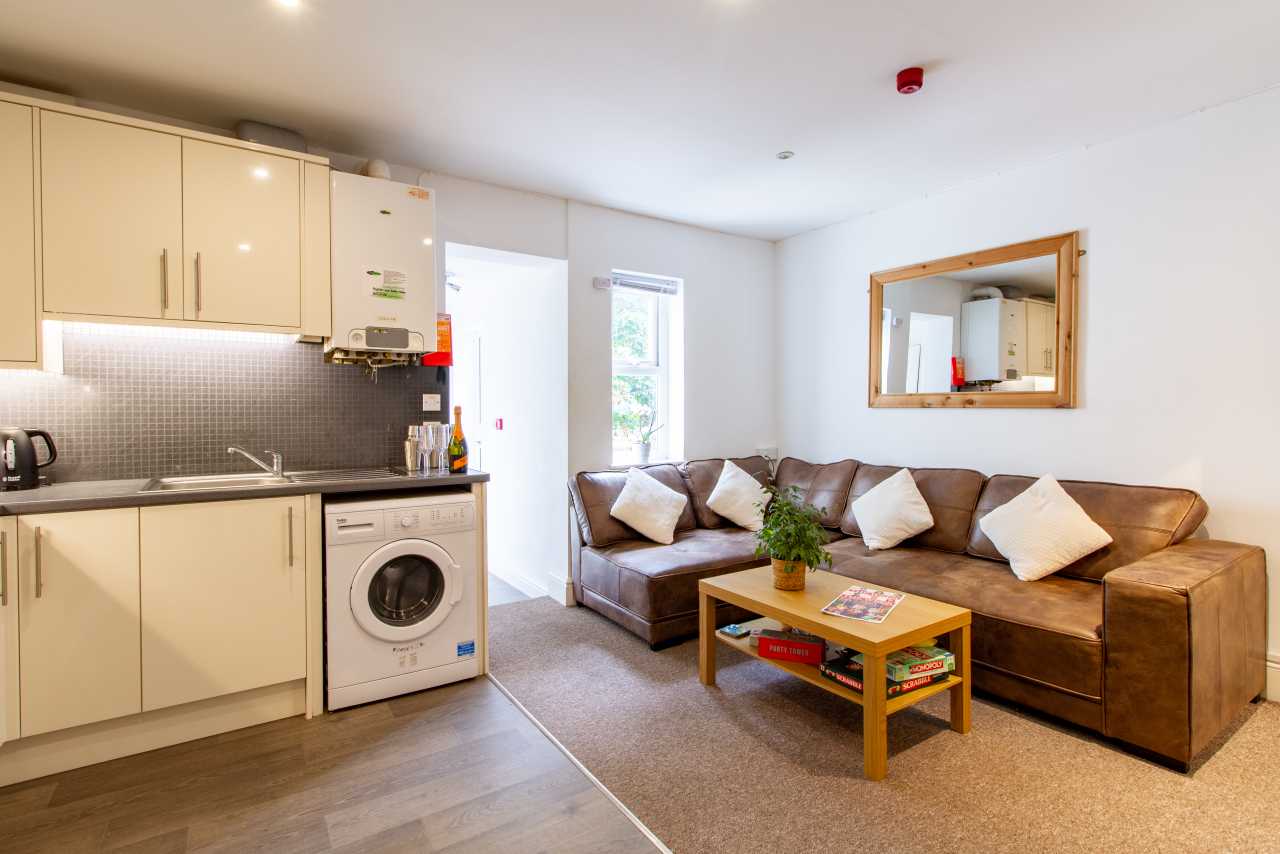 Shared living room with sofas, coffee table and a compact fitted kitchen with a washing machine.