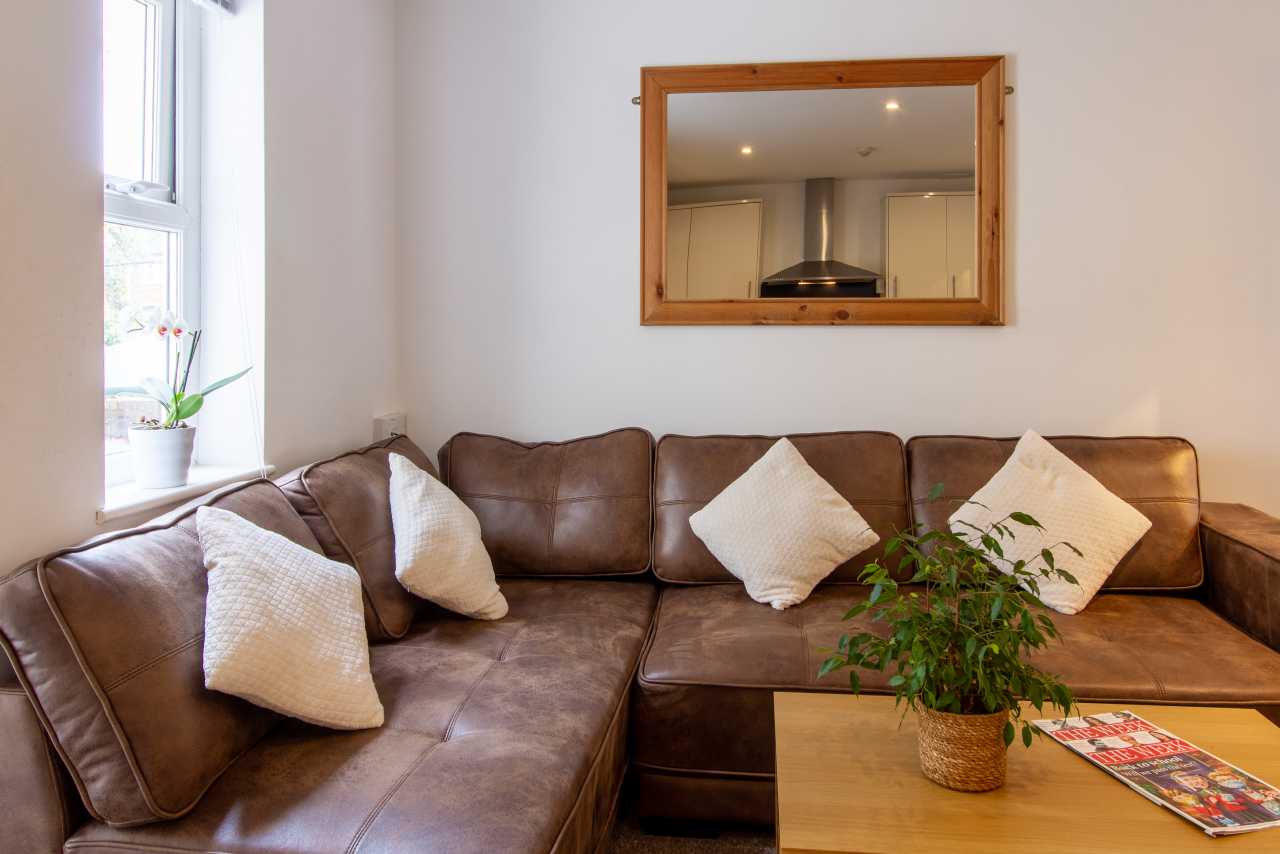 Shared lounge with a brown corner sofa, cushions, coffee table, plant, and wall mirror.