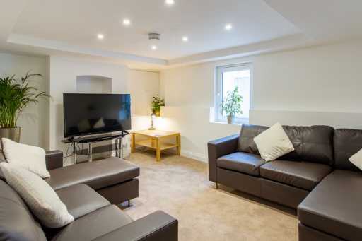 Bright living room with sofas, a television, coffee table, plants and recessed ceiling lights.