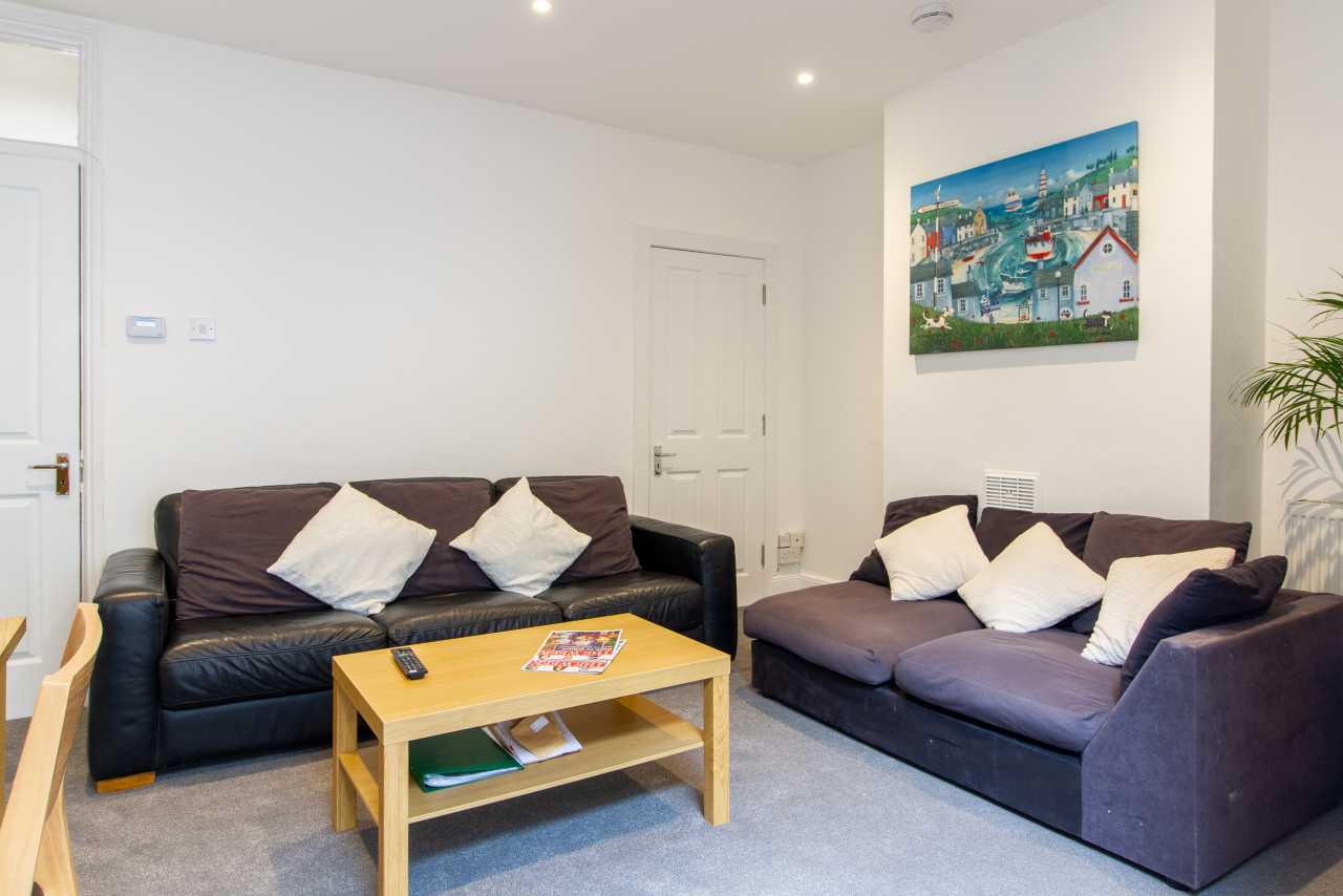 Furnished living room with two sofas, a coffee table, wall art and a potted plant.