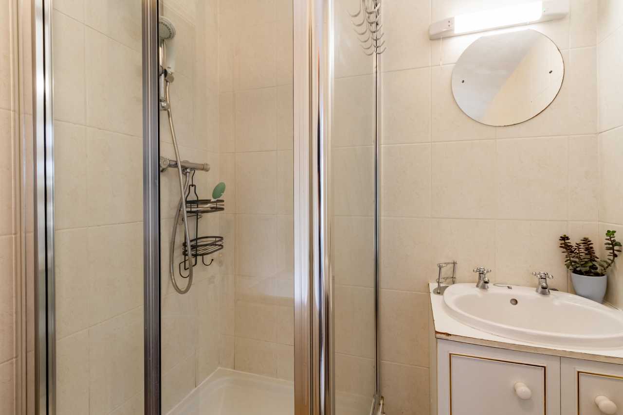 A tiled bathroom with a glass shower enclosure, wall mirror, washbasin and small potted plant.