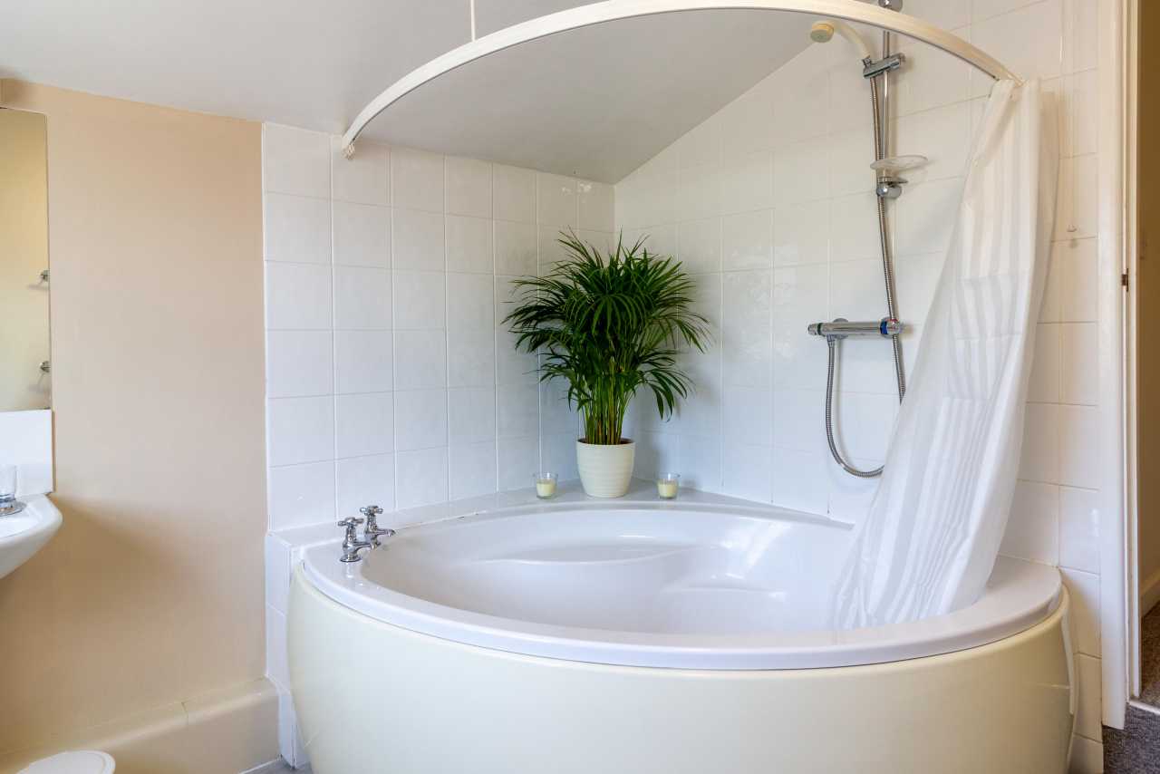 Bathroom with a corner bathtub, shower, tiled walls, and a potted plant.