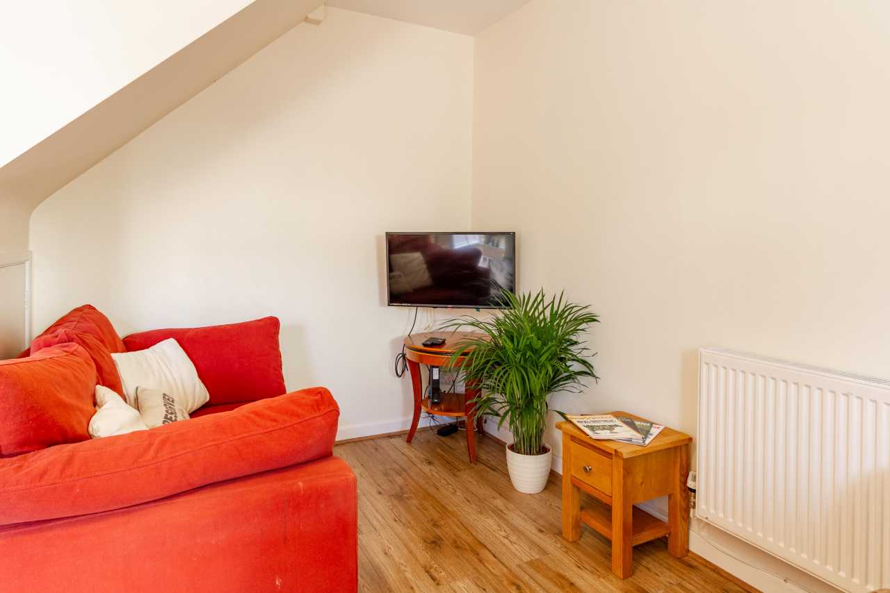 A bright living area with a red sofa, wall-mounted television, potted plant, wooden side table and radiator.