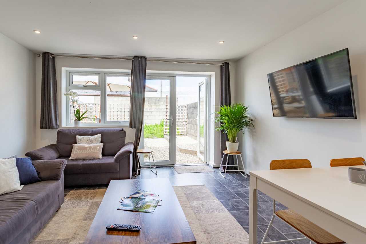 Bright shared living and dining area with sofas, a television, table, rug, plant and glass doors opening to a small outdoor space.