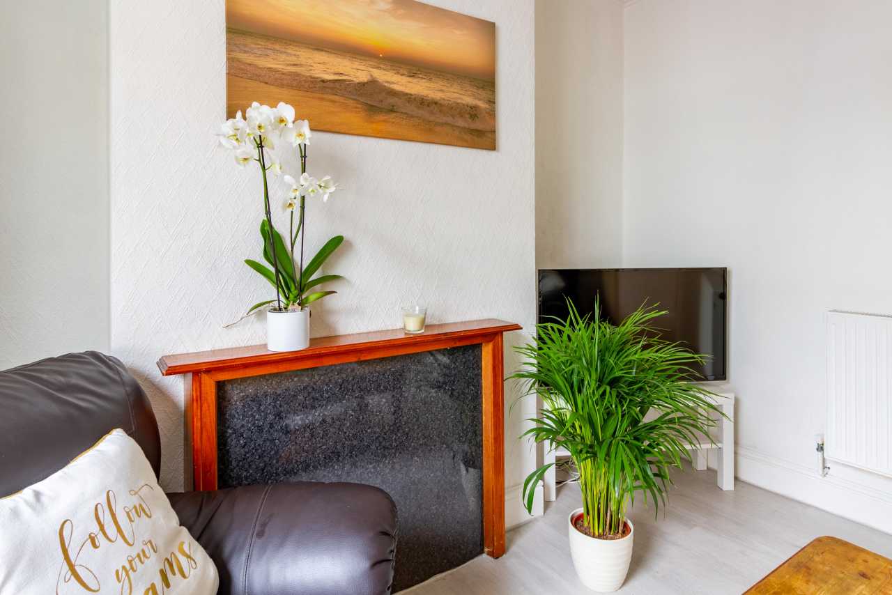 Bright living area with a fireplace, leather seating, television, houseplants and wall art.