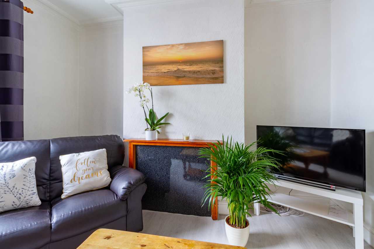 Living room with a dark sofa, television, coffee table, plants and wall art.