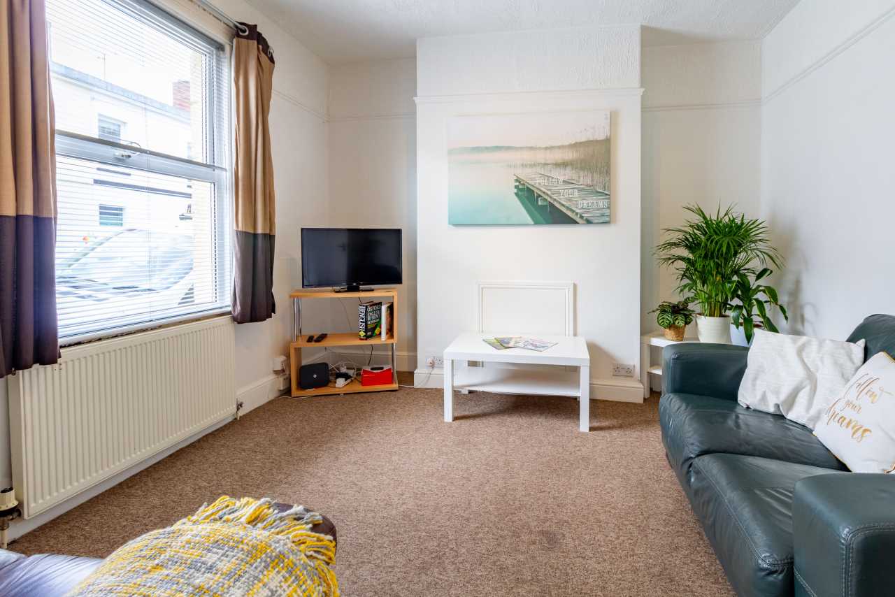 Bright furnished living room with a sofa, television, coffee table, window, radiator and potted plant.