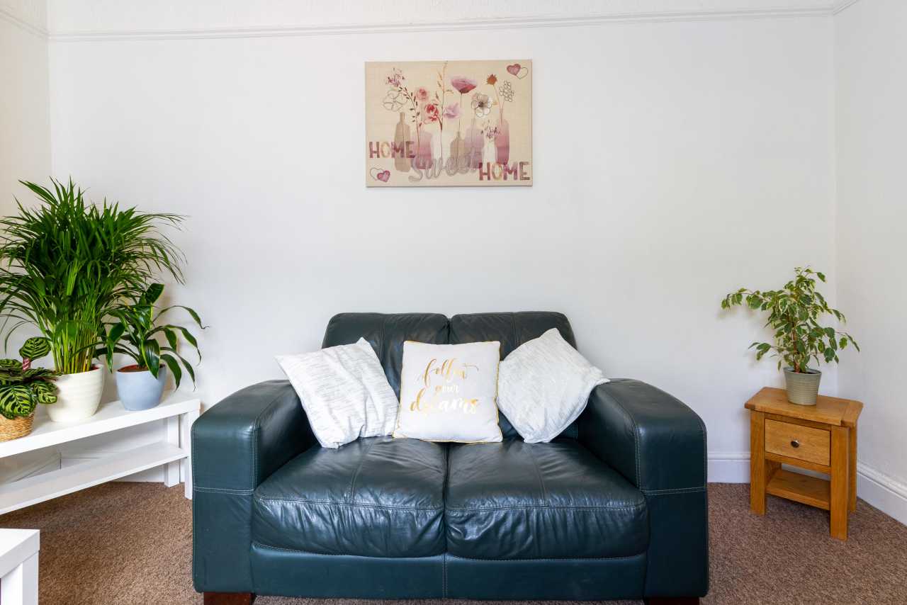 A furnished sitting area with a dark leather sofa, cushions, potted plants, a small wooden side table and wall art.