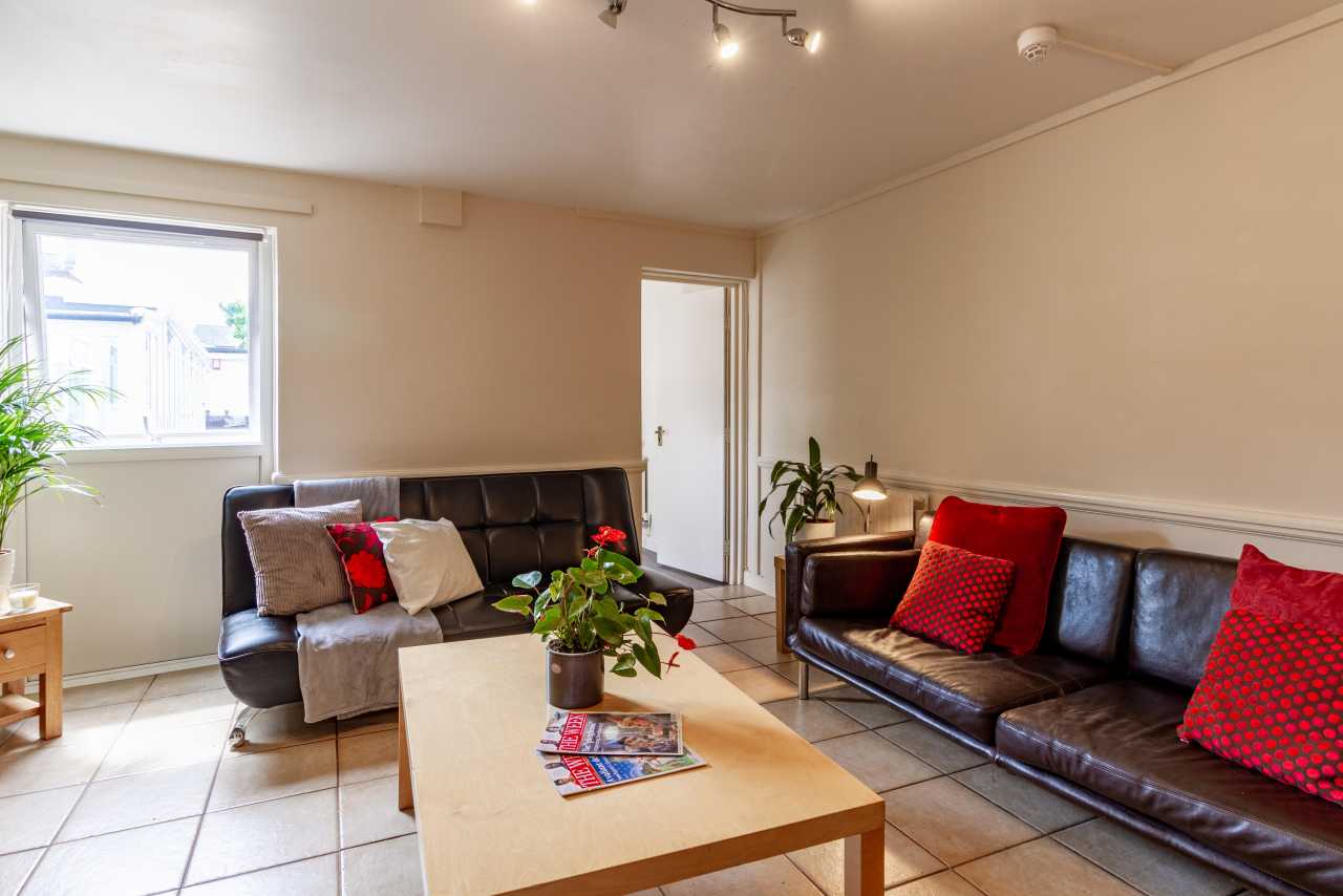 Shared living room with two leather sofas, a coffee table, plants, windows and a doorway.