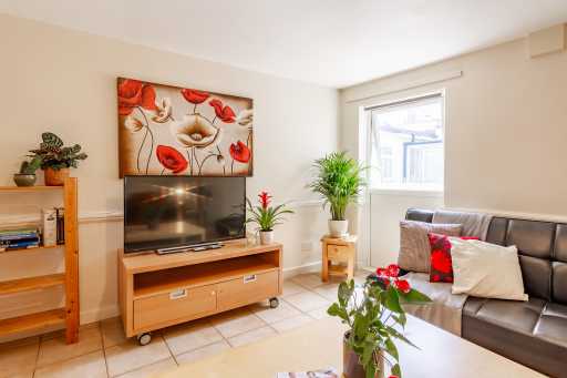 A bright living room with a television, sofa, shelving, plants and floral artwork.