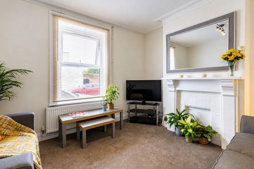 Furnished living room with a fireplace, television, seating, coffee table, plants and a large window.