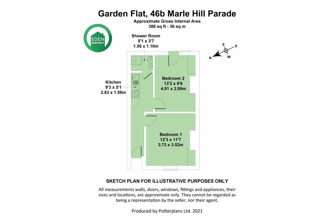 Floor plan for a garden flat showing a kitchen, bathroom, and two bedrooms.