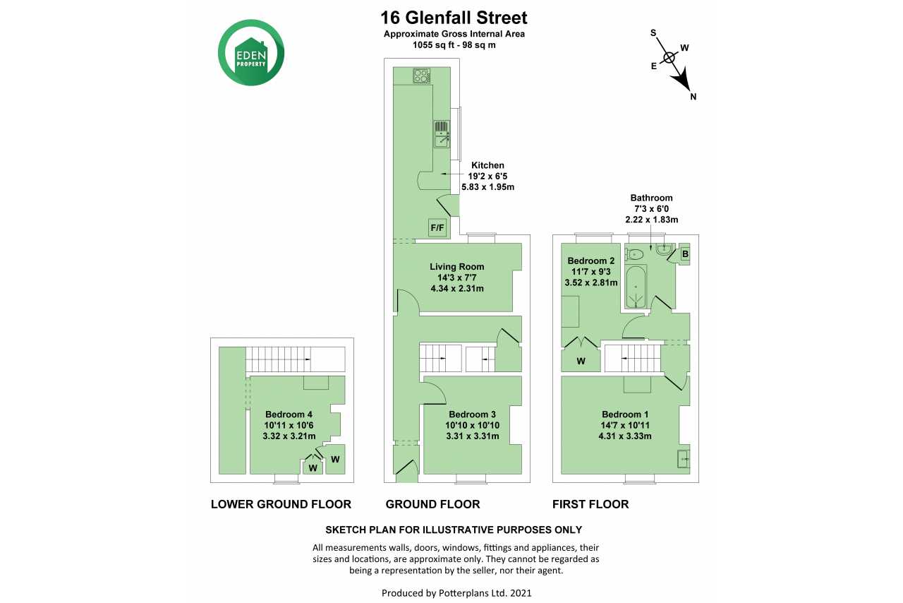 Illustrated floor plan showing the lower ground, ground and first floors of a residential property, with bedrooms, a kitchen, bathroom and living areas.