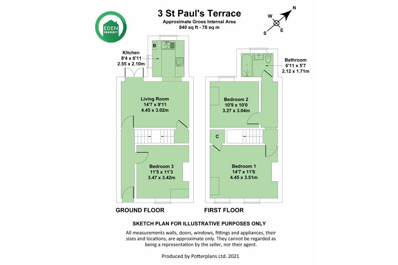 Floor plan showing the ground and first floors of a three-bedroom home, with labelled rooms, stairs, dimensions and a compass.
