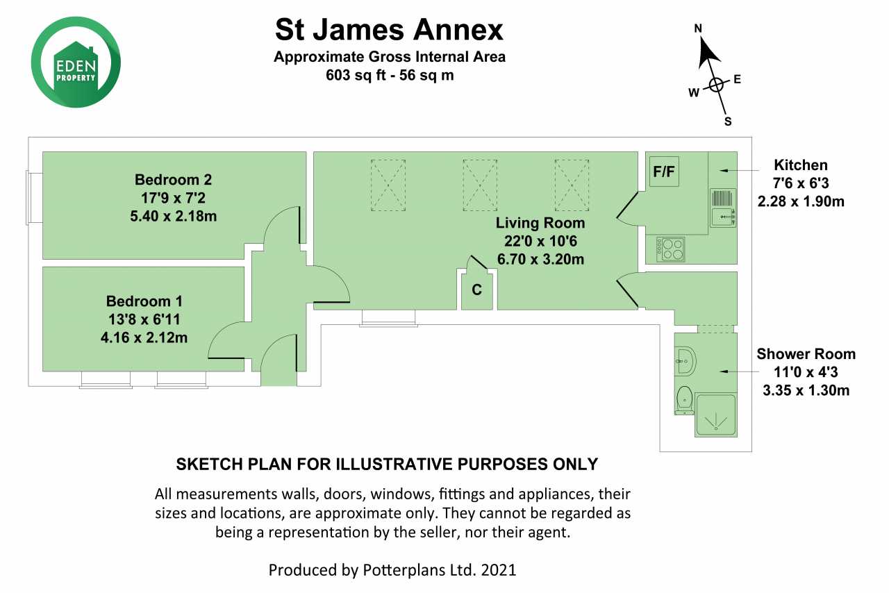 Illustrative floor plan for St James Annex showing two bedrooms, a living room, kitchen, shower room and hall.