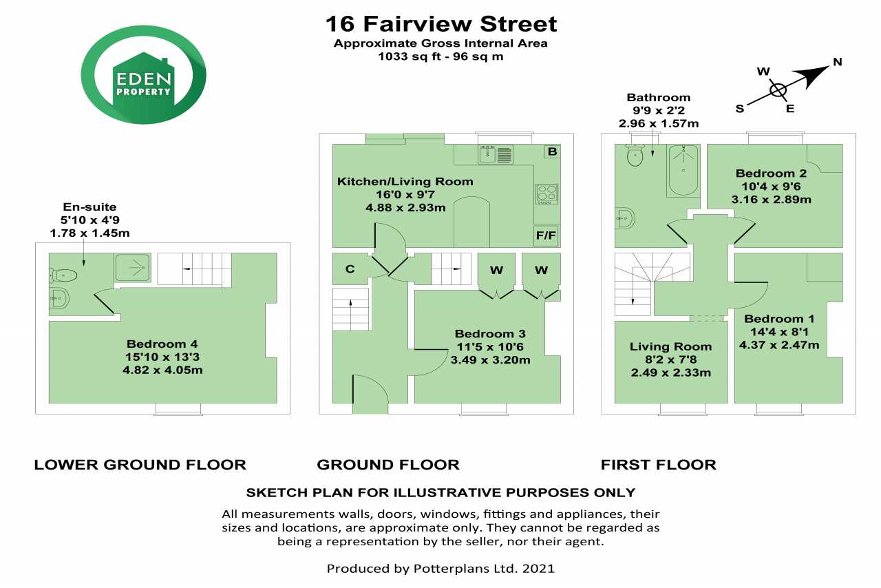 Floor plan for 16 Fairview Street showing lower ground, ground and first floors, with four bedrooms, living areas, kitchen, bathrooms and an en-suite.
