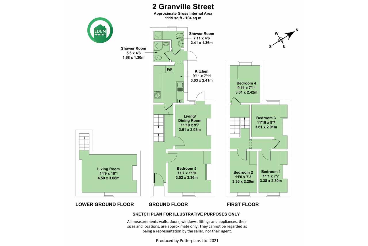 A multi-level residential floor plan for 2 Granville Street, showing labelled rooms and garden areas.