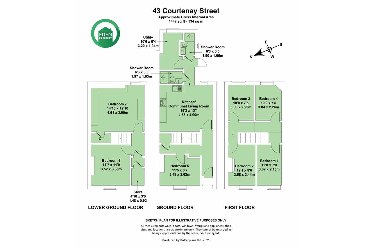 Multi-level residential floor plan for 43 Courtenay Street, showing rooms and measurements.