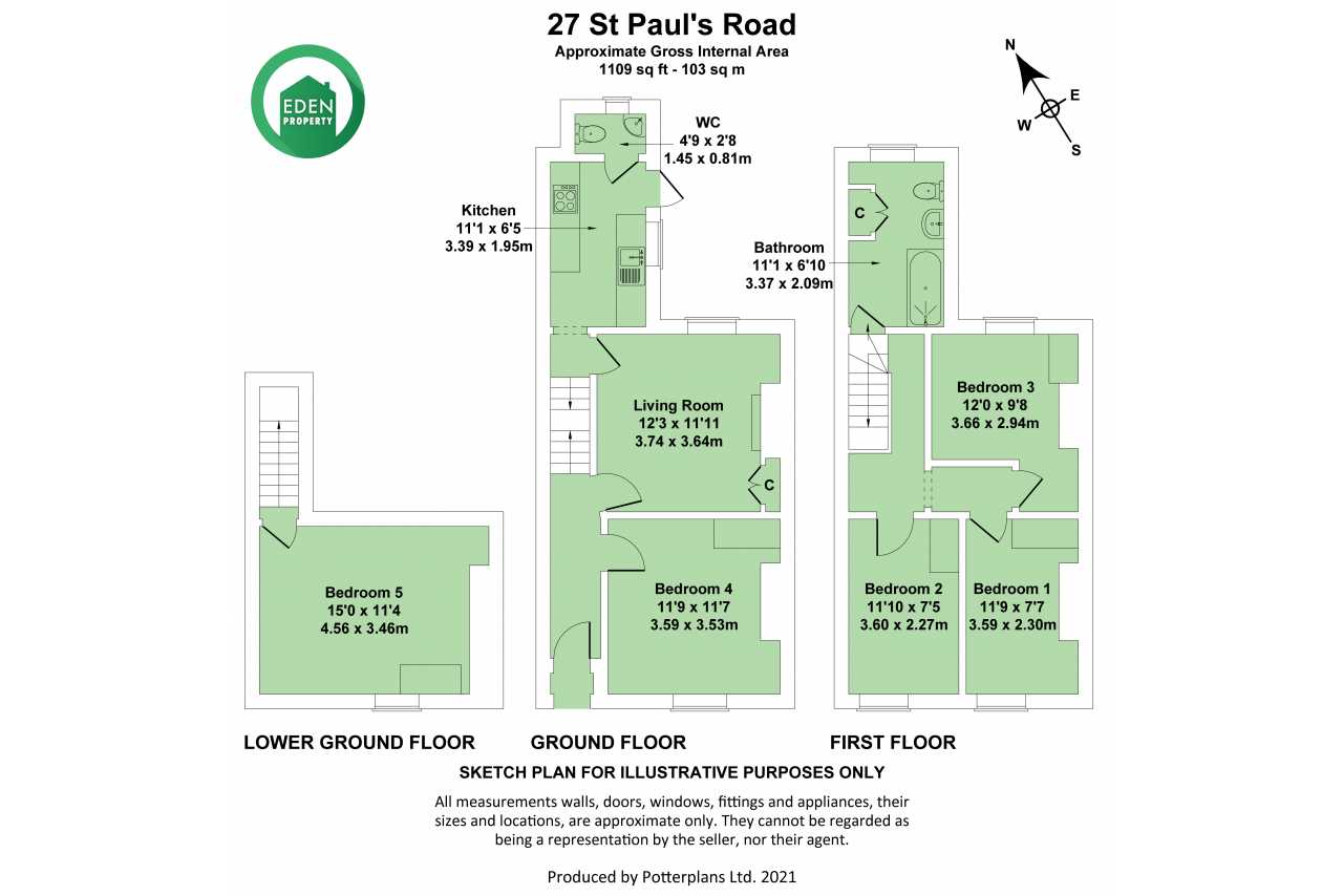 Floor plan of a three-level property showing bedrooms, bathrooms, kitchen, living room and dining room.
