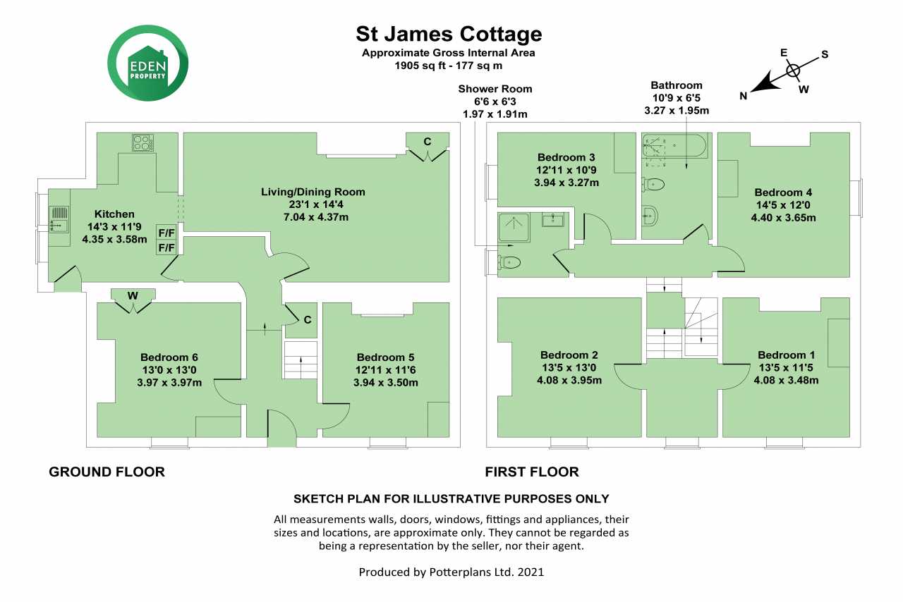 Floor plan for St James Cottage showing ground- and first-floor rooms, including a kitchen, living/dining room, shower room, bathroom and six bedrooms.
