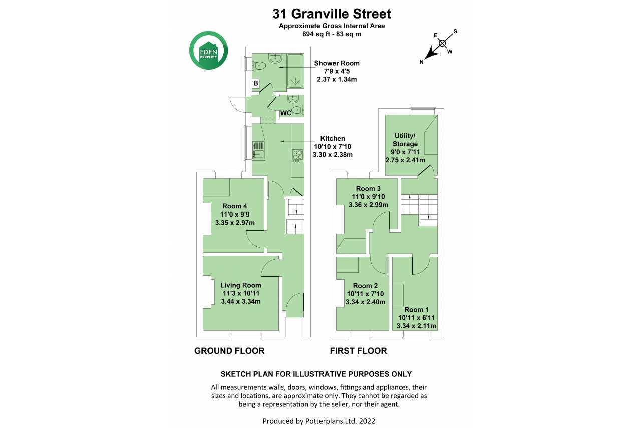 A two-level residential floor plan showing room layouts for the ground and first floors.