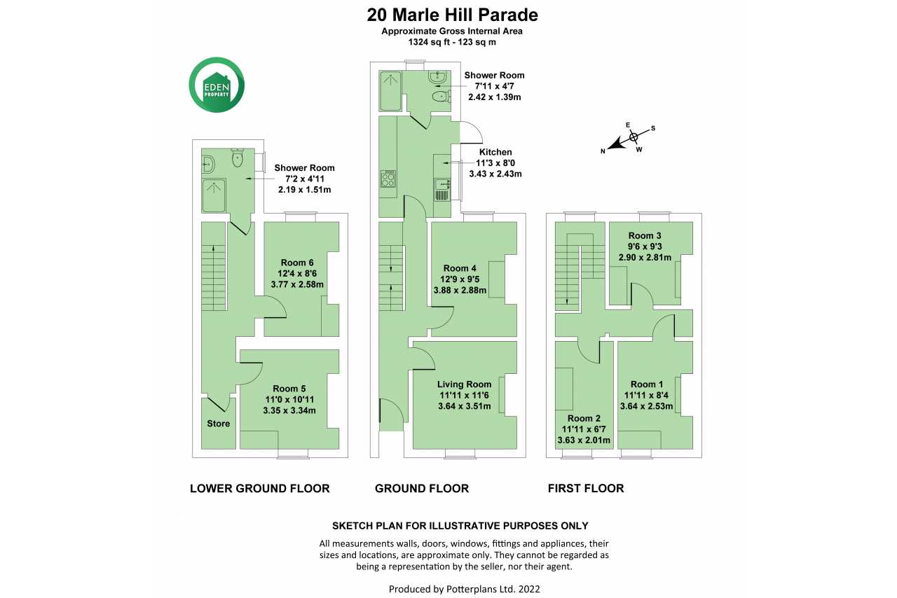 Floor plan showing the lower ground, ground and first floors of a residential property, with labelled rooms and dimensions.