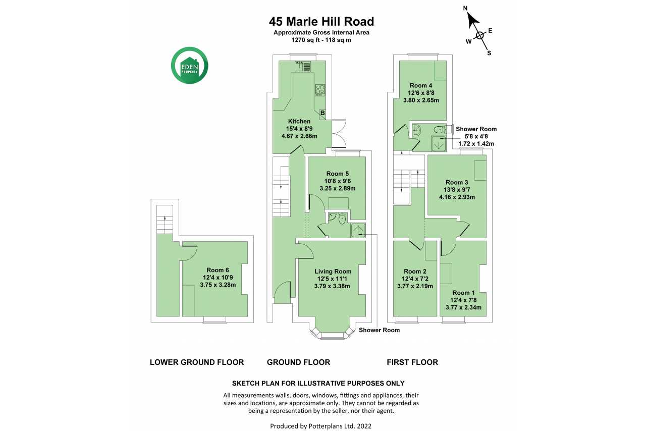 Floor plan of 45 Marle Hill Road showing lower ground, ground and first-floor layouts with several labelled rooms.