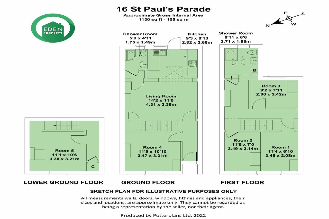 Floor plan showing rooms across lower ground, ground and first floors.