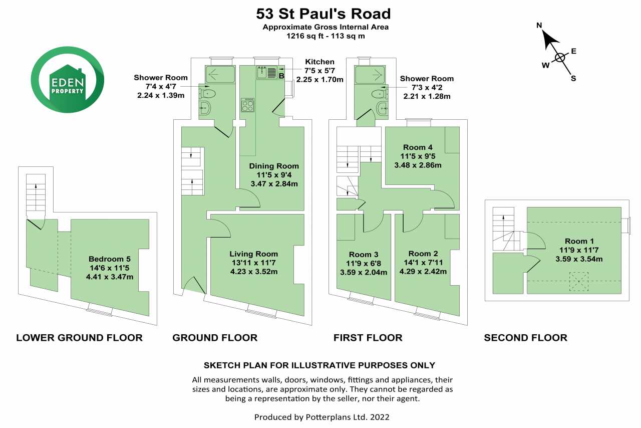 Illustrated floor plan showing the lower ground, ground, first and second floors of a multi-room property.