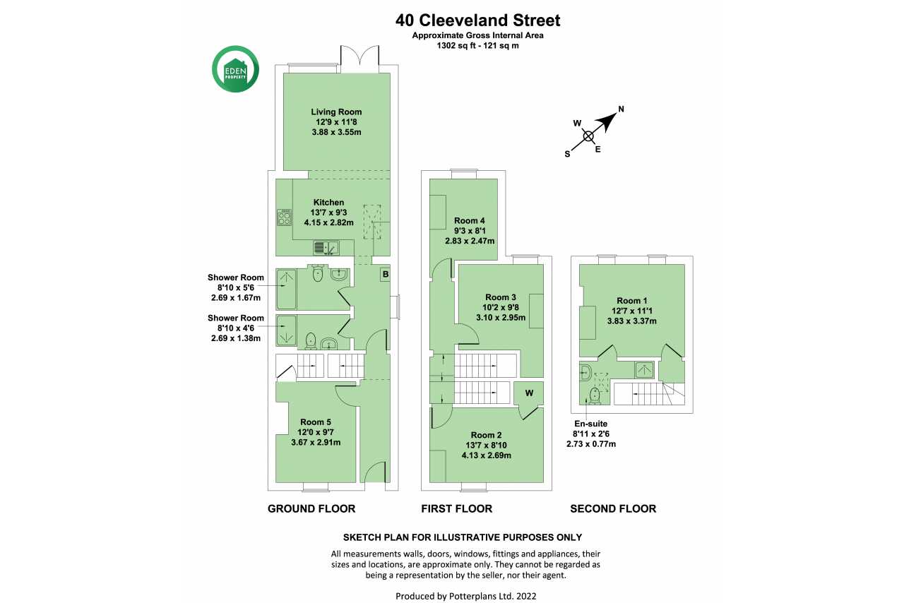 Floor plan of 40 Cleveland Street showing rooms across the ground, first and second floors.