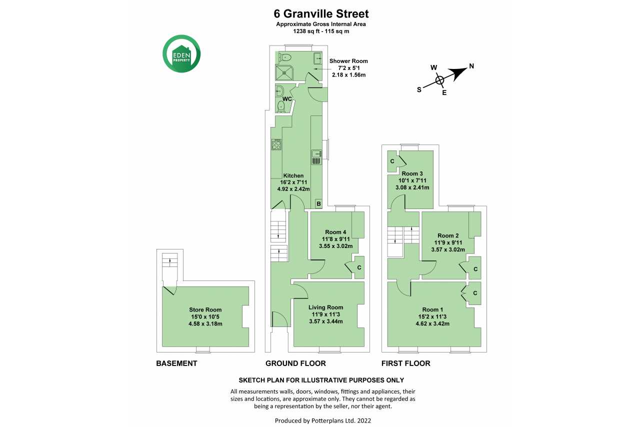 Floor plan for 6 Granville Street showing a basement, ground floor and first floor.