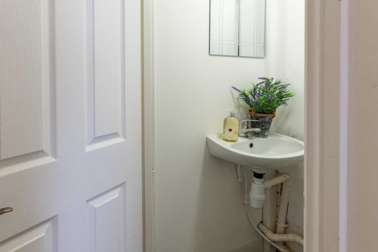 Small washbasin with a mirror, soap dispenser and potted plant in a compact bathroom or cloakroom.