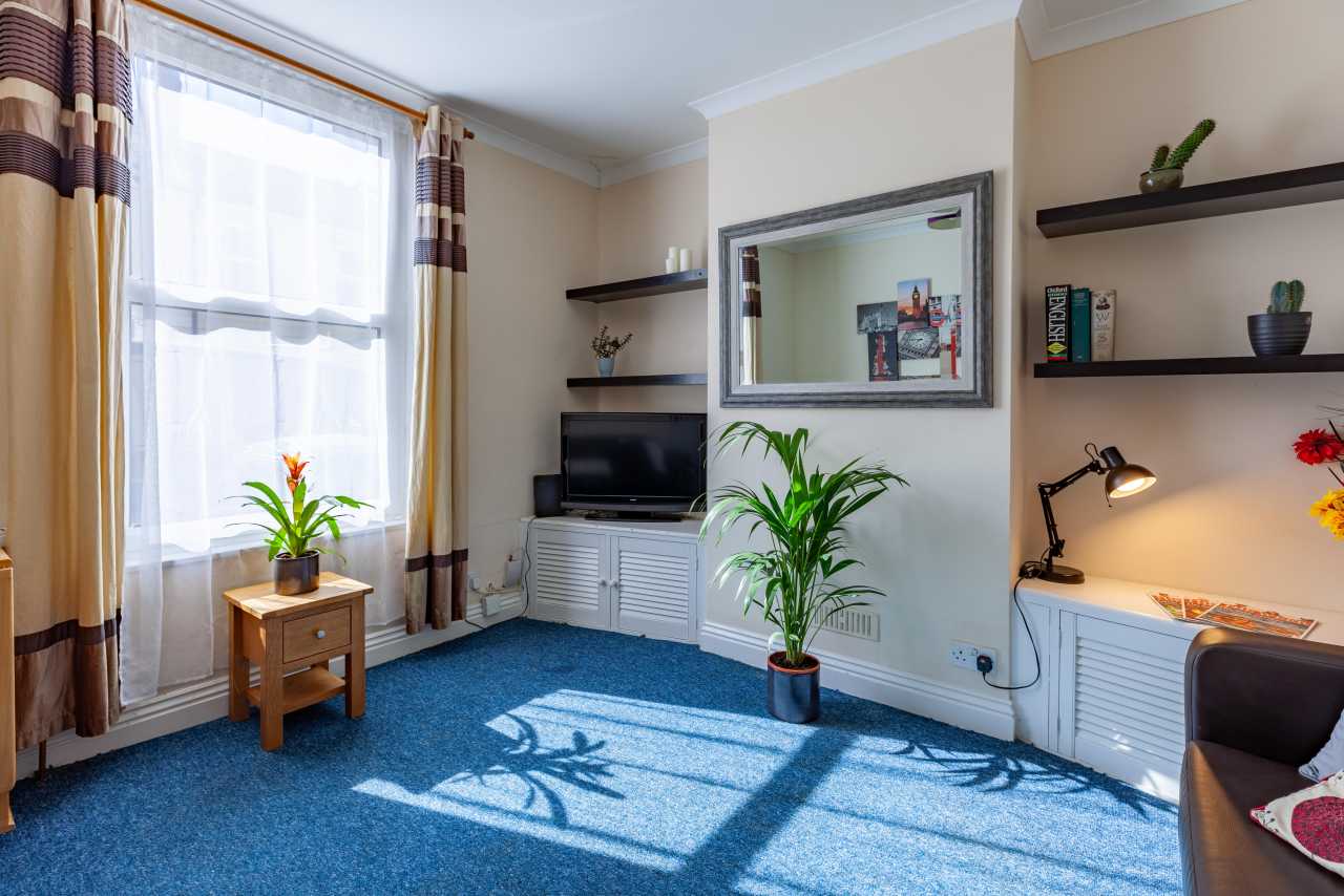 Bright furnished bedroom with blue carpet, a window, television, wall shelves, desk and plants.