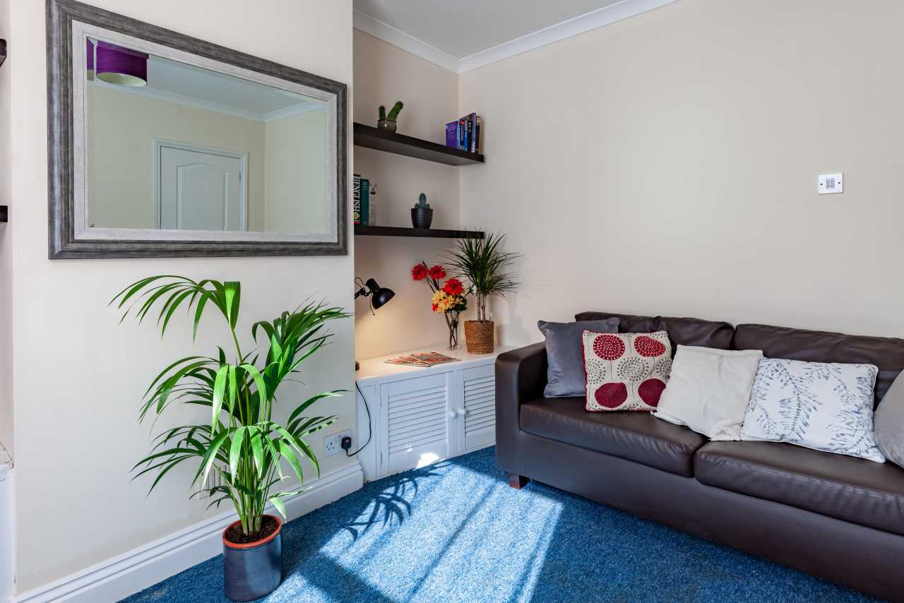 A furnished sitting room with a dark sofa, cushions, a large wall mirror, shelving, a cabinet, and potted plants.