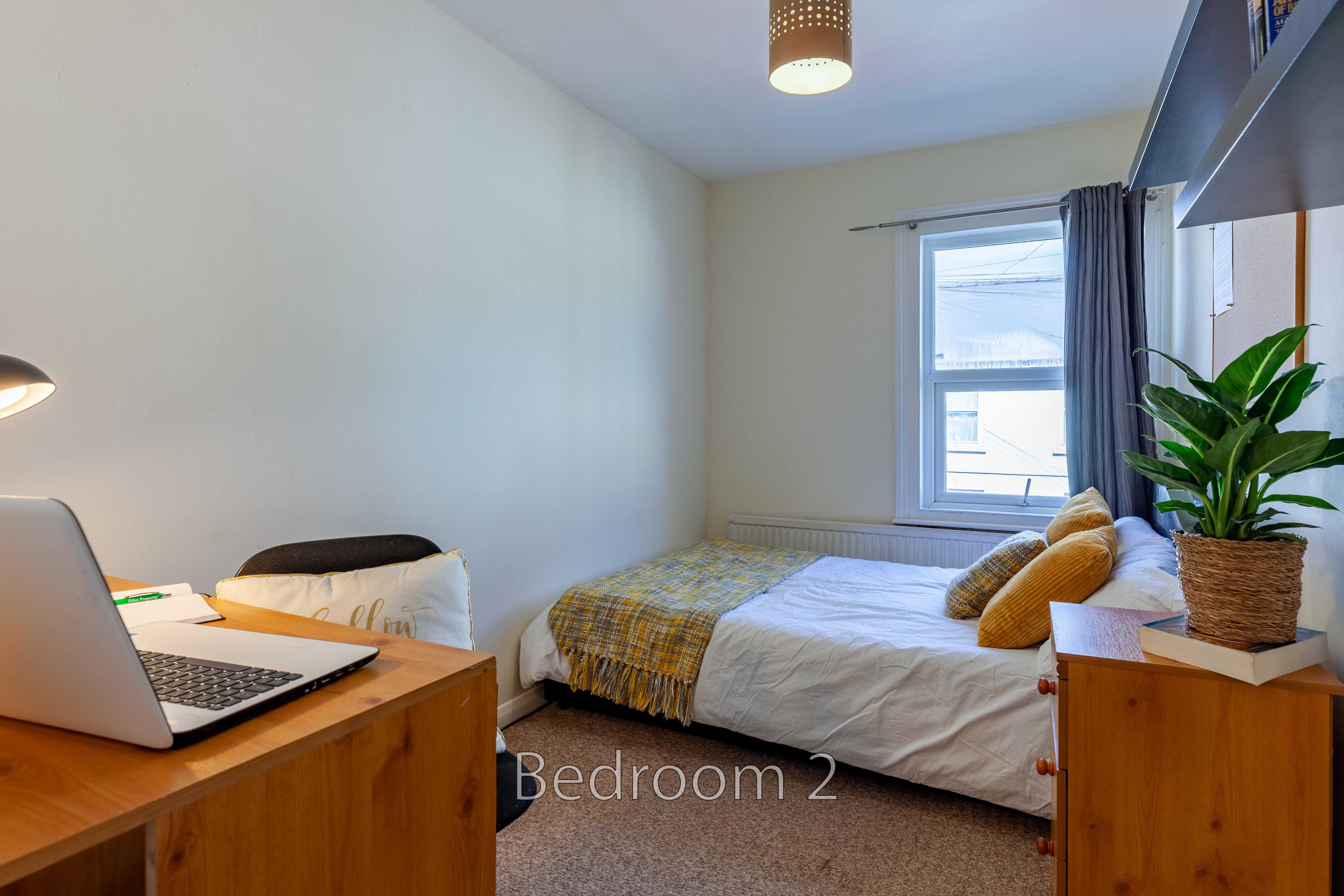 A furnished bedroom with a double bed, window, desk with laptop, chest of drawers and potted plant.