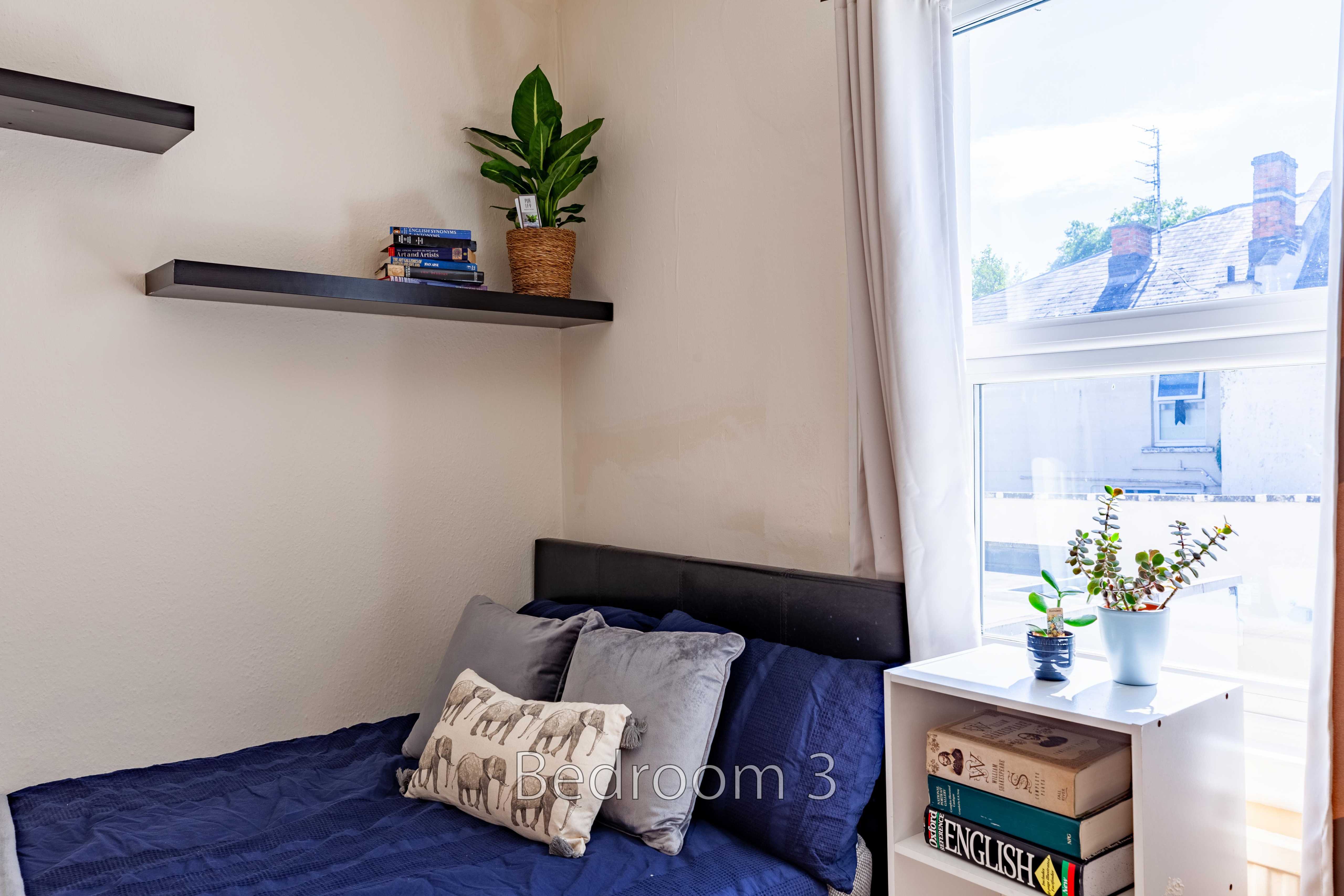 A small bedroom with a bed, shelves, a potted plant and a window.