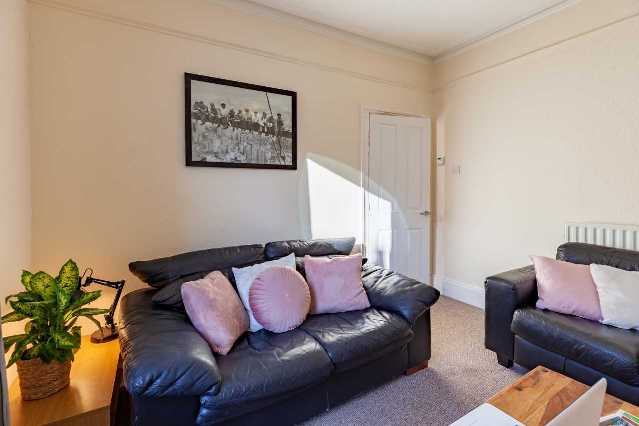 A furnished living room with black leather sofas, pastel cushions, a side table with a plant, wall artwork and a coffee table.